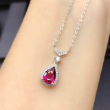 925 Sterling Silver Natural Rubellite Water Drop V-shaped Romantic Pendant