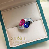 Charming Double Stone Colour Contrast Water Drop Lab Created Ruby Sapphire Versatile Personality Big Rings - The Jewellery Supermarket