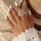 NEW VINTAGE RINGS Luxury Pearl Stone Big Flower Gold Color Fashion Ring