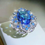 NEW VINTAGE RINGS Luxury Blue Big Flower AAA Zircon Gorgeous Ring