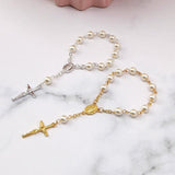 Mini Rosary Finger Baptism Rosaries Faux Pearls Bracelet for Baptism - Catholic Cross Finger Chain
