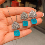 Vintage Paraiba Tourmaline Flower Pendant Necklace Earrings - Charming Fashion Jewellery Sets Gift for Women