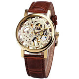 Famous Brand Transparent Luxury Gold Case Casual Design Brown Leather Strap Mechanical Skeleton Watches