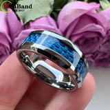 New Beveled White/Blue Carbon Fiber Inlay Fashion 6/8mm Comfort Fit Tungsten Carbide Wedding Rings for Men and Women