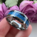 New Beveled White/Blue Carbon Fiber Inlay Fashion 6/8mm Comfort Fit Tungsten Carbide Wedding Rings for Men and Women