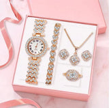 New Fashion Luxury Full Crystal 5 Pcs Watch Set - Quality Rhinestone Crystals Necklace Bracelet Earrings Ring Set for Women - The Jewellery Supermarket