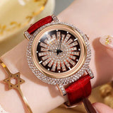 New Light Luxury Diamond Set 360 ° Running Watch - Waterproof Genuine Leather Female's Fashion Quartz Watch