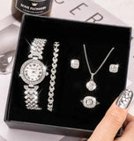New Fashion Luxury Full Crystal 5 Pcs Watch Set - Quality Rhinestone Crystals Necklace Bracelet Earrings Ring Set for Women - The Jewellery Supermarket