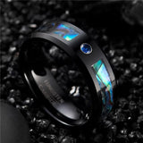 New Arrival Black Abalone Shell Ring with Blue CZ Crystal Tungsten Carbide Men and Women Wedding Ring - The Jewellery Supermarket