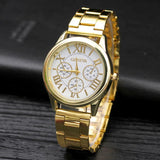New Arrival Famous Brand 3 Dials Gold Colour Geneva Casual Stainless Steel Dress  Quartz Watches for Women