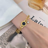 Stainless Steel New Fashion Upscale Black Shell Round Roman Numerals Zircon Charm Thick Chain Bracelets - The Jewellery Supermarket