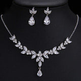 Beautiful White AAA+ CZ Zirconia Diamonds Leaf Earrings Necklace Set for Women