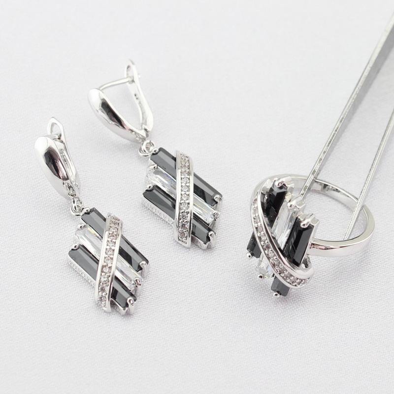 Black AAA Cubic Zirconia White Silver Color Jewellery Set - The Jewellery Supermarket