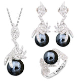 Black Pearl Silver Color Jewelry Sets for Women Earrings Necklace Pendant Ring New Arrival