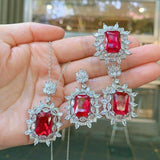 Charming Silver Vintage 10*14mm Lab Created Ruby Gemstone Luxury Jewellery Set