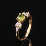 Delicate Olive Green Round AAA+ Cubic Zirconia Diamonds with Leave Shape Elegant Gold Color Ring