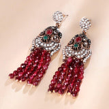 Ethnic Style Antique Gold Crystal  Red Natural Stone Tassel Earrings