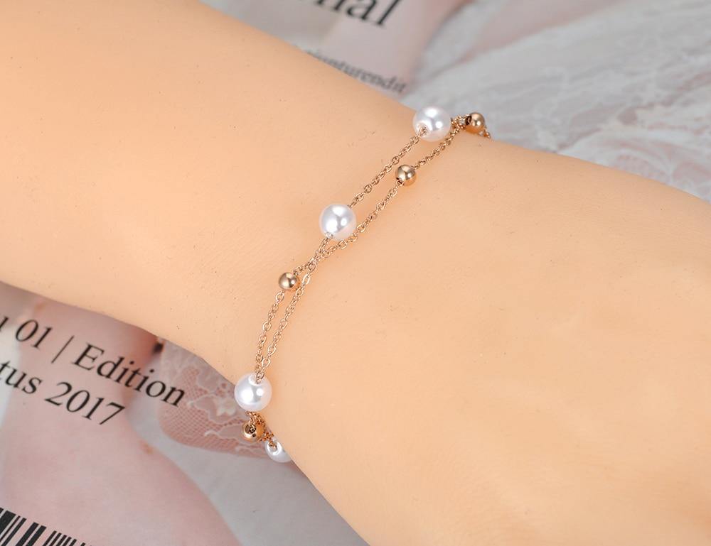 Fashion Bohemia Stainless Steel Double Layer White Pearl Charm Bracelet - The Jewellery Supermarket