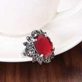 Fashion Crystal Flowers Ethnic Tibetan Silver Red Stone Ring For Women - The Jewellery Supermarket
