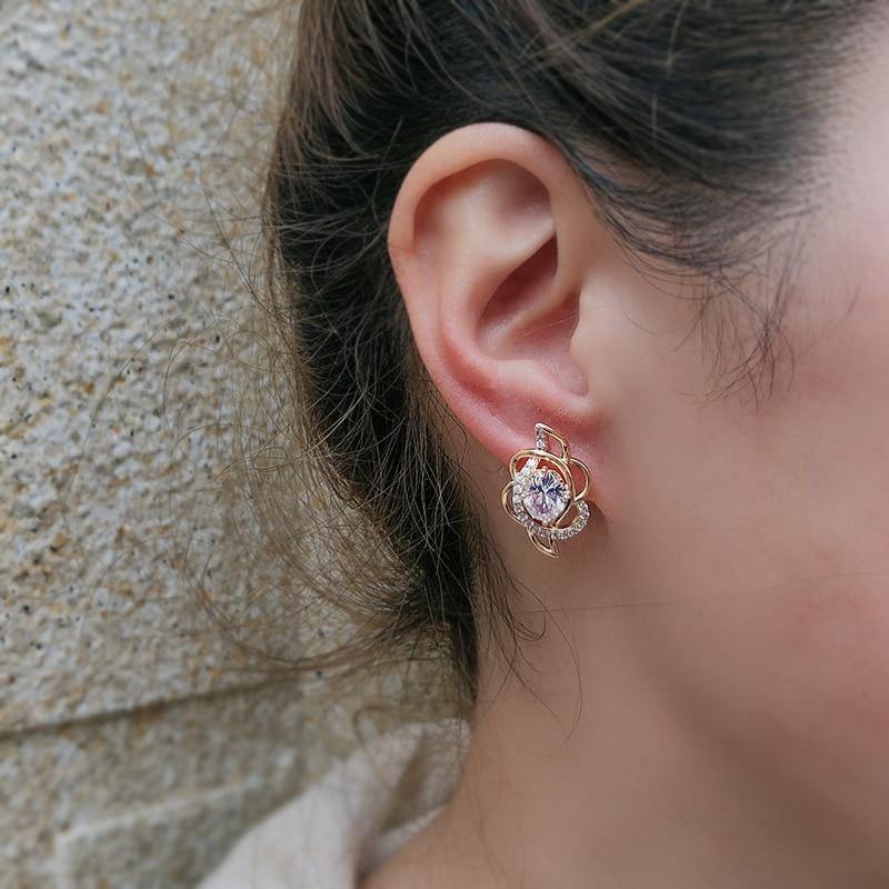 Fine Unusual Rose Gold Colour Ethnic Fashion AAA+ Zircon Diamonds Stud Earrings - The Jewellery Supermarket