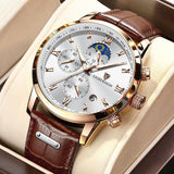 Great Gift Ideas for Men - Brand Luxury Moon Phase Chronograph Leather Waterproof Quartz Wristwatch