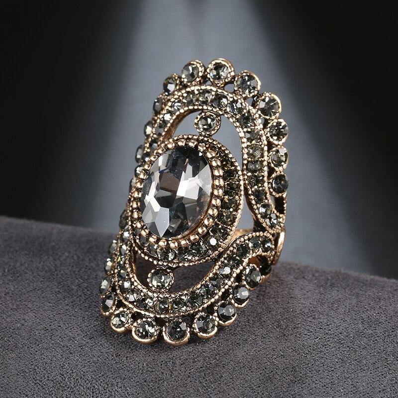 Luxury Vintage Antique Silver Color Grey Cubic Zircon Crystal Flower Ring - The Jewellery Supermarket