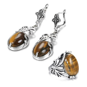 New Boho Amber Stone Tibetan Silver Ring Earring Jewelry Set - The Jewellery Supermarket