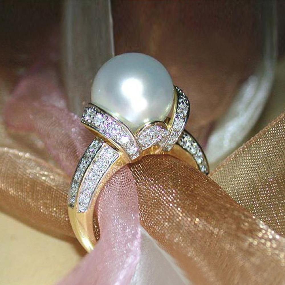 New Design High Quality Big Imitation Pearl AAA+ Cubic Zirconia Diamonds Ring - The Jewellery Supermarket