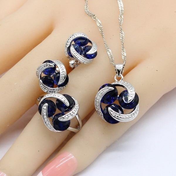 Premium Quality Silver Color Round Dark Blue AAA+ Crystal Jewellery Set - The Jewellery Supermarket