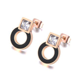 Rose Gold Colour Stainless Steel Black Acrylic Circle Square AAA+ CZ Diamonds Earrings