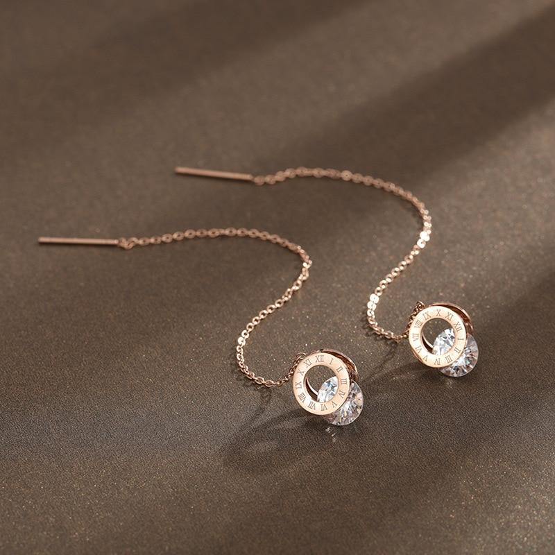 Titanium Stainless Steel Roman Round AAA+ Zircon Ear Line Rose Gold Long Tassel Earrings - The Jewellery Supermarket