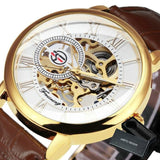 NEW - Luxury Mens Gold Mechanical Skeleton Leather Forsining 3d Hollow Watch - The Jewellery Supermarket