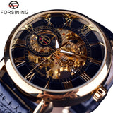 NEW - Luxury Men Gold Hollow Engraving Black Leather Skeleton Mechanical Watches