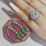 Trendy Green silver colour bride Jewelry Set Drop Earring Open Ring for Women - The Jewellery Supermarket