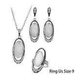 NEW Ancient Silver Colour White Opal Ring Necklace Bracelet And Earring - Vintage Jewellery Set For Women