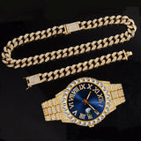 Full Iced Out Cuban Link Chain Bracelet Necklace Bling Jewellery for Men - Big Gold Colour Chains Hip Hop Watch Set - The Jewellery Supermarket