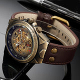 NEW - Mens Gold Mechanical Skeleton Steampunk Genuine Leather Watch