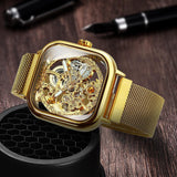NEW - Luxury Mens Gold transparent Mesh Steel Wristwatch Skeleton Forsining Watch - The Jewellery Supermarket
