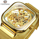 NEW - Luxury Mens Gold transparent Mesh Steel Wristwatch Skeleton Forsining Watch