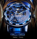 NEW - Luxury Men Blue Stainless Steel Skeleton Transparent Diamond Mechanical Watch - The Jewellery Supermarket