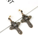Religious Design Full Rhinestone Antique Gold Color Cross Drop Earring for Women - Christian Belief Jewellery