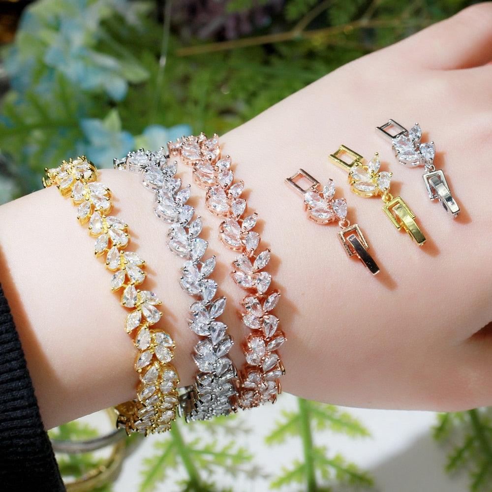 Rose Gold Color White AAA+ Cubic Zirconia Simulated Diamonds Leaf Pattern Tennis Bracelets for Women - The Jewellery Supermarket