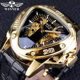 NEW - Luxury Men Golden SteampunkTriangle Skeleton Movement Mechanical Wrist Watch