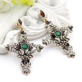NEW Hollow Flower Antique Gold Color Vintage Cross Ethnic Retro Dangle Earrings - Religious Jewellery