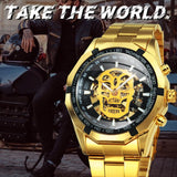 NEW ARRIVAL - Luxury Men Gold Automatic Strap Skeleton Mechanical Skull Watch - The Jewellery Supermarket