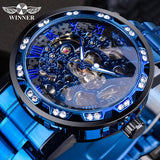NEW - Luxury Men Blue Stainless Steel Skeleton Transparent Diamond Mechanical Watch