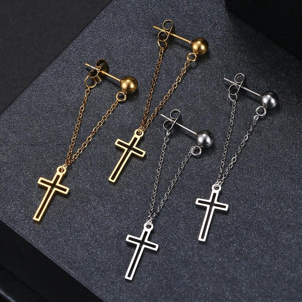 NEW Simple Metal Chain Religious Cross Hanging Stainless Steel Drop Earrings Drop Earrings - The Jewellery Supermarket