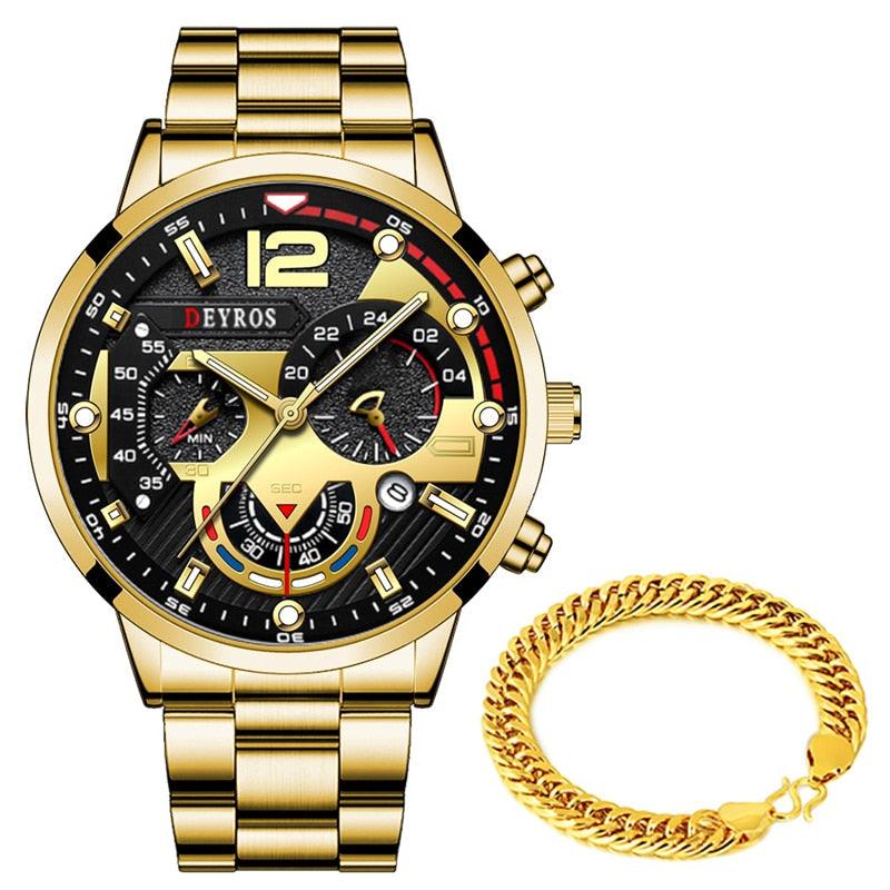NEW MENS WATCHES - Luxury Mens Watches - Gold Colur Bracelet Stainless Steel Quartz Calendar Watch - The Jewellery Supermarket