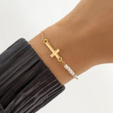 Simple Jesus Cross Adjustable Imitation Pearl Chain Charming Pendant Bracelets for Women - Christian Jewellery
