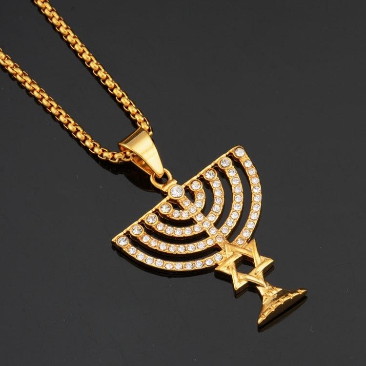 NEW Israel Menorah Happy Hanukkah Golden Stainless Steel Star Of David Pendant - The Jewellery Supermarket